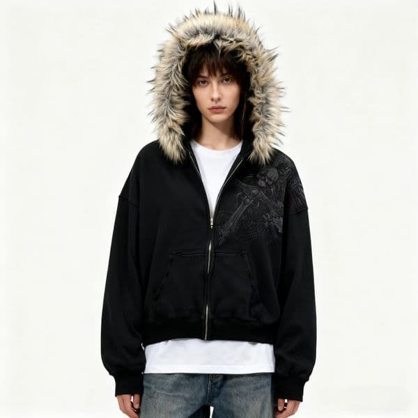 Y2K European and American Fashion Trend Joker Fur Collar Zipper Hoodie Women Street Hip Hop Retro Thick Sweatshirt Couple 251225