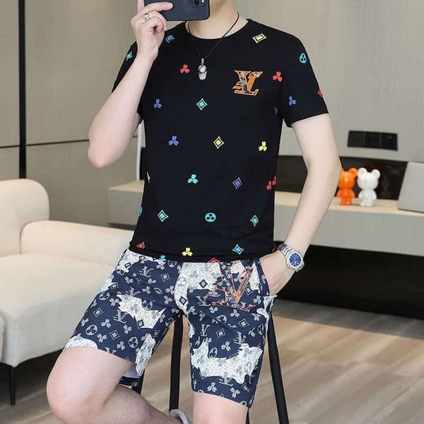 European Trendy Brand Summer Men's Casual Fashion Two-Piece Set Stylish Thin Printed Student Suit For Men