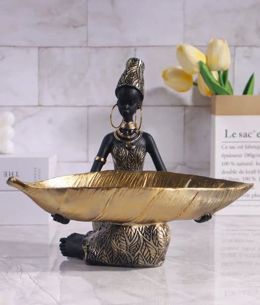 African Girl Holding a Plate Sculpture Home and Office Decorative Storage Ornament Vintage Collectible Craft Deskt Decor 251226