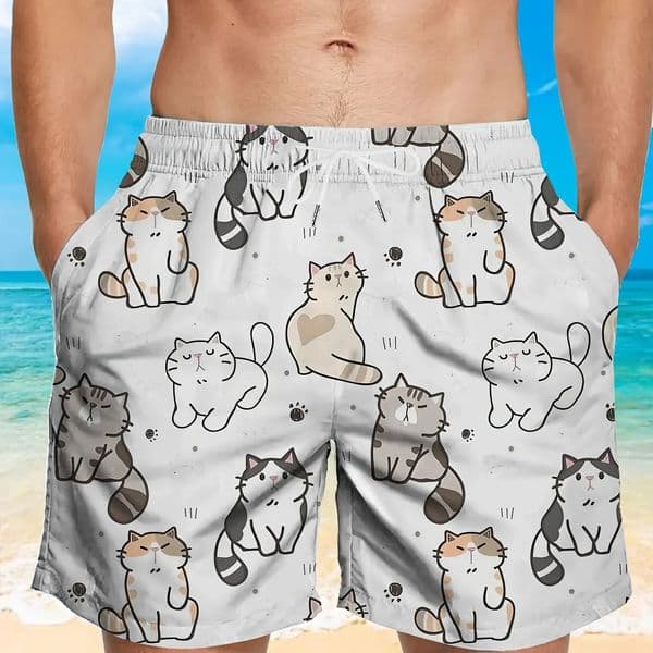 Summer Mens Board Shorts Casual Cartoon Cats Swim Trunks Drawstring Elastic Quick Dry Hawaiian Beach Men Clothing 251226