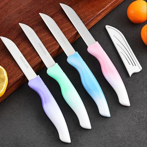 Gradient 4 color fruit knife Handsome kitchen paring with sleeve Plastic nonslip handle Stainless steel set 251226