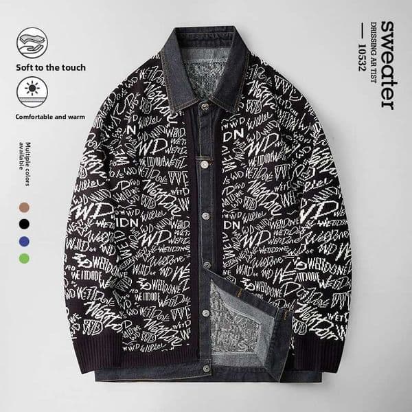 Cross-Border Autumn Winter Letter Loose Knitted Cardigan Casual Turn-Down Collar Trendy Denim Splicing Warm Sweater Men's Jacket