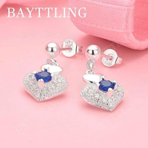 925 Sterling Silver Exquisite Blue Heart Zircon Stud Earrings Women Gift Jewelry Fashion Party Wedding Accessories