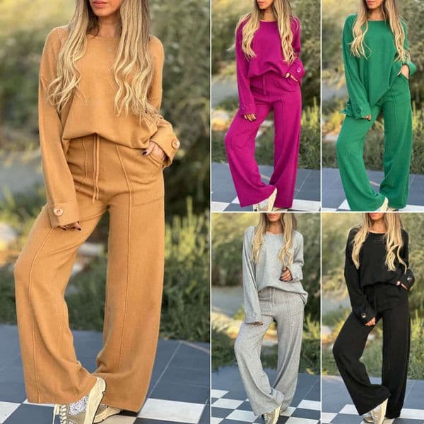 European and American Cross-Border Women's New Fashion Casual Solid Color Sleeve Wide-Leg Long Pants Two-Piece Set