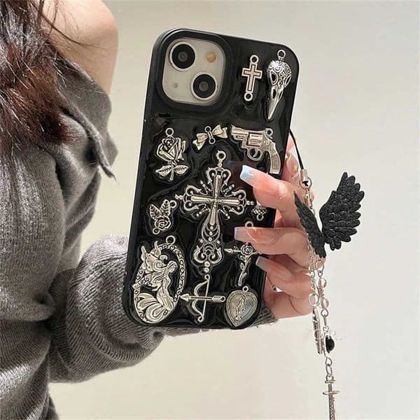 Metal Cross Cupid Y2k Tide Cool Phone Case For iPhone 17 Air 16 15 14 13 12 11 Pro Max Aesthetics Cover Wings Pendant Y251226 1a