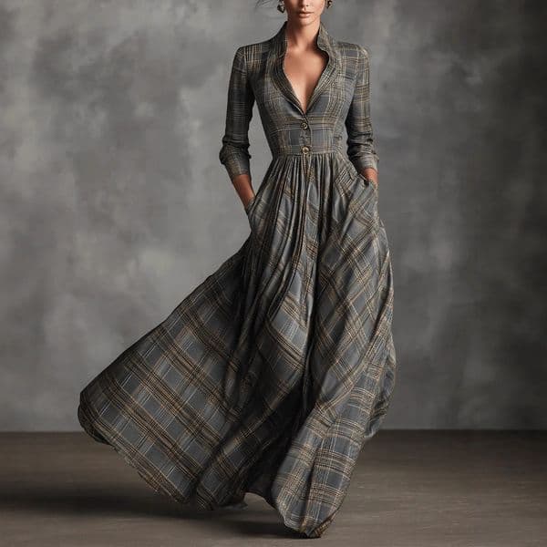 A0064 European and American women's clothing autumn and winter retro plaid pendulum dress temperament elegant V-neck French style dress