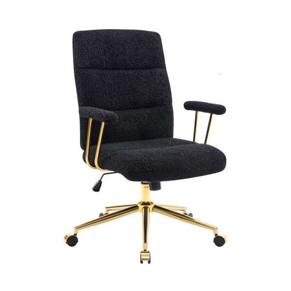 Textured Boucle Fabric Black and Gold Office Chair, Modern Height Adjustable Desk Chair with Padded Arms 9020 2004