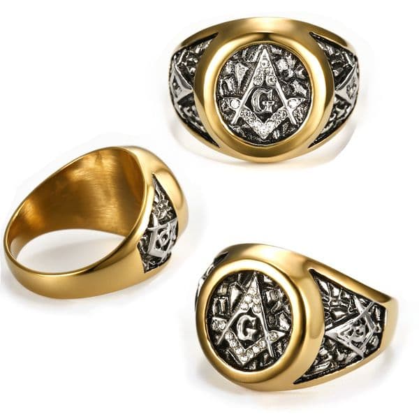 European And American Symbol AG Street Fashion Gold Masonic White Diamond Titanium Steel free shipping Vintage Ring