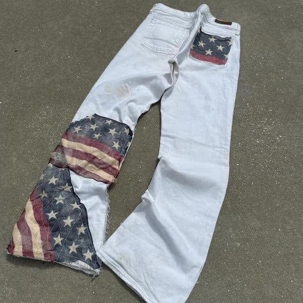 Y2k American Retro Men Loose Jeans Street Hiphop Flag Patchwork Straight Leg Wide Motorcycle Bell Bottom Pants 251226