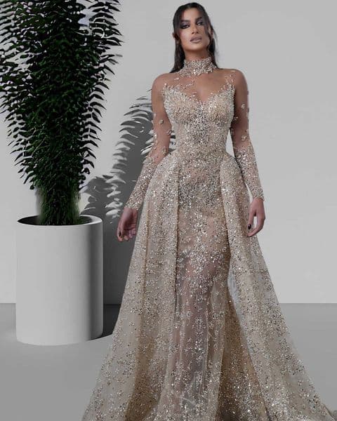 New Elegant Mermaid Wedding Dresses Beading Pearls Bridal Gowns with Overskirts Long Sleeve Sequins Custom Made Bride Dress Vestidos De Novia