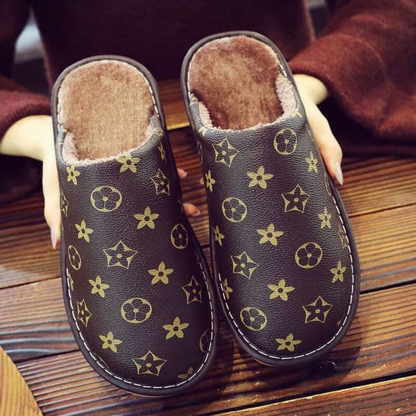 Faux Leather Cotton Unisex Thick-Sole Slippers Waterproof Non-Slip Indoor Home Shoes for Autumn Winter