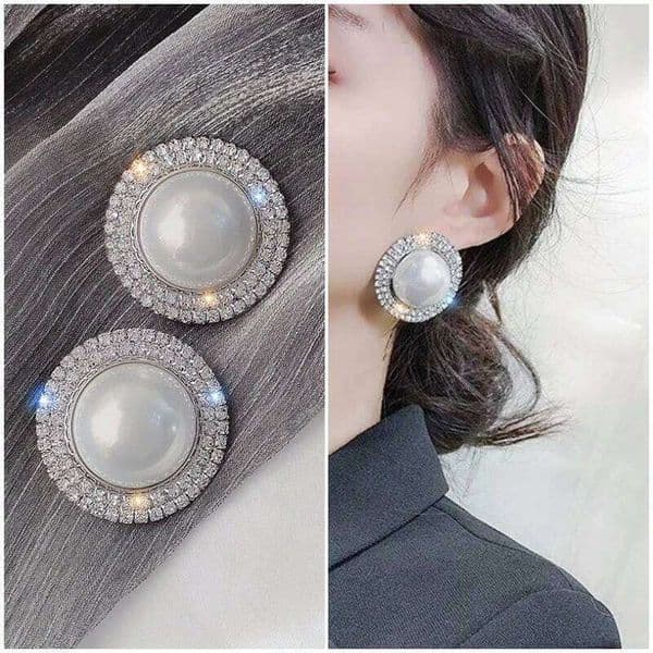 Huitan Round Simulated Pearl Stud with Dazzling CZ Stone Aesthetic Crystal Earrings for Women Wedding Trendy Jewelry
