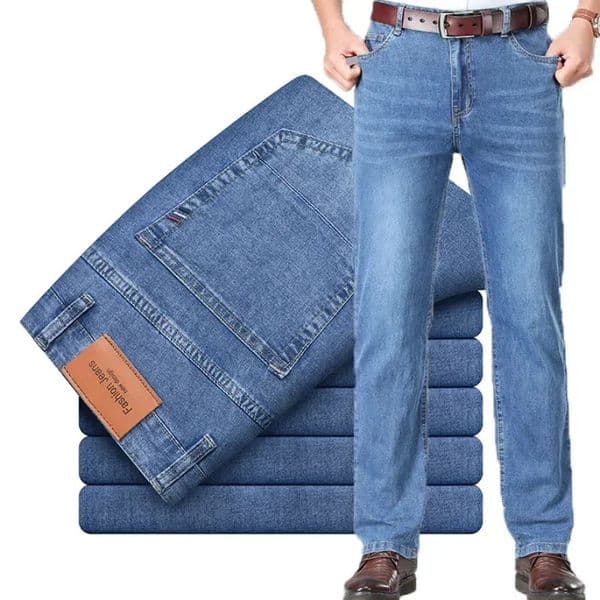 Thin or Thick Material Mens Elastic Cotton Jeans Fashion Gray Comfortable Denim Business Casual High Waist Pants 251226BJ