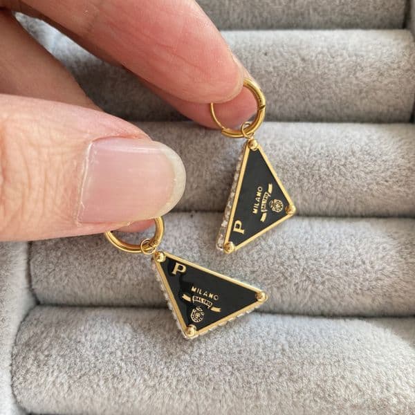 Gold Color Luxury Designer Earrings Hoops Drop Oil Black Classic Triangular Earrings With CZ Stones Stainless Steel Fashion Earrings For Women Girls Q260509