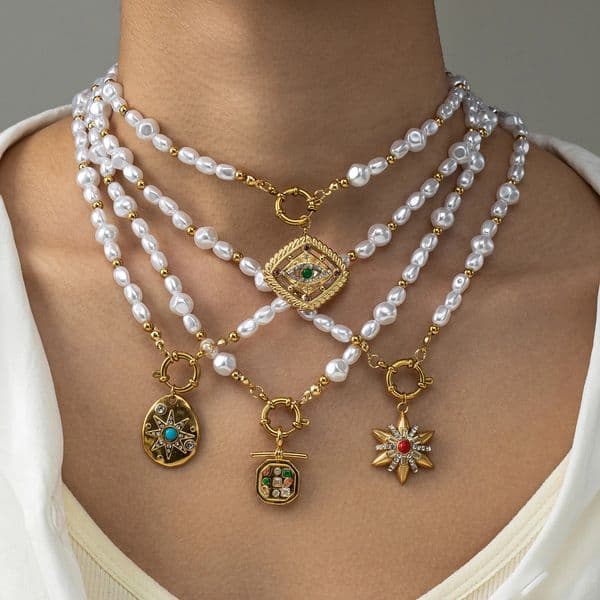 18K Gold Plated Pearl Necklace with Eye Pendant Stainless Steel Boho Jewelry Statement Charm for Women 251219