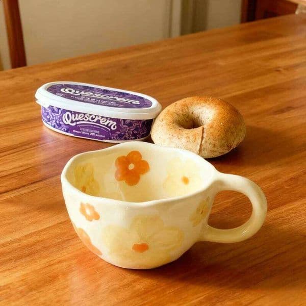 Flower face copyright ins Korean style cute milk yellow hand-kneaded irregular ceramic mug coffee oatmeal breakfast cup 25M1229