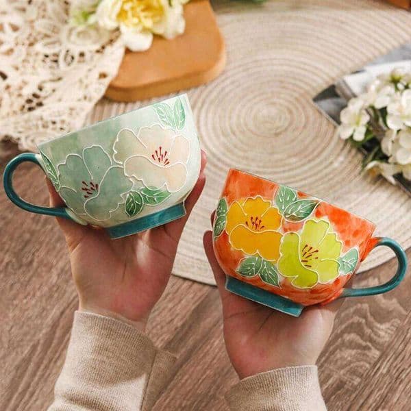 500ml Ceramic Handmade Glyptic Breakfast Bowl Large Capacity Water Cup Office Porcelain Coffee Mug for Afternoon Tea 25M1229