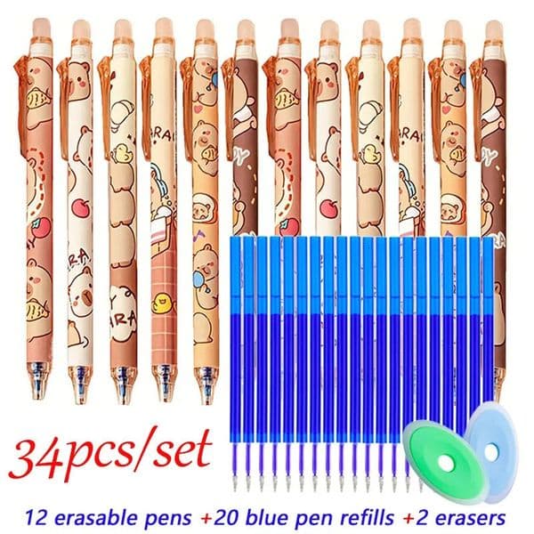 34pcsset Cute Capybara Erasable Gel Pen 05mm Blue Ink RetractableFine Dot Suitable for School Supplies Office Teacher Gifts 251229
