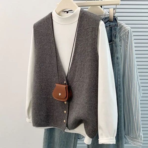 Womens Soft Knitted Vest Women Casual Button deep VNeck Sleeveless Fall Cardigan stylish Simple Tank Tops Loose Knitwear Coats 251229