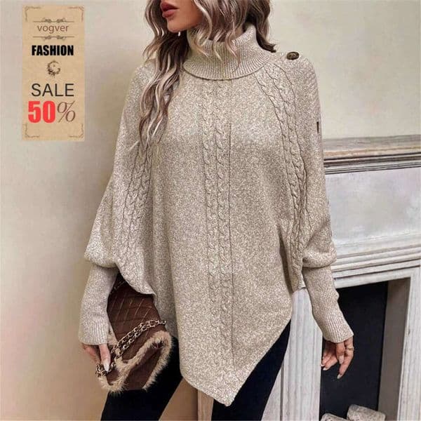 Sweater For Women Autumn Winter Light Luxury New Button Batwing Sleeve High Neck Cape European and American Knitwear