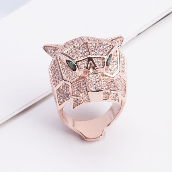 And Fashion Leopard Head Ring Copper Gold Plated Zircon Full Diamond Domineering Personality Large Leopard Head Ring Jewelry