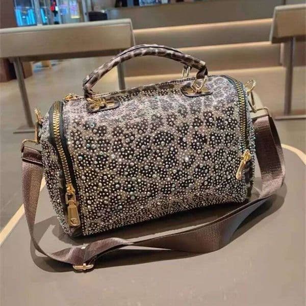 Luxury Diamonds Women's Fashion Inlaid Diamond Handbag Large Capacity Boston Leopard Print Shoulder Crossbody Bag