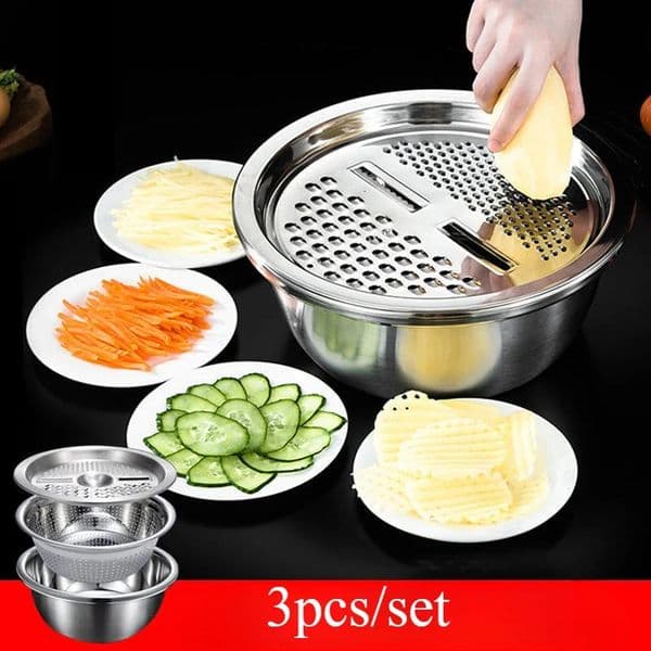3 in 1 Stainless Steel Vegetable Strainer Slicer Cutter Graters Drain Basket Vegetable Salad Maker Bowl Kitchen Accessories Tool 251230