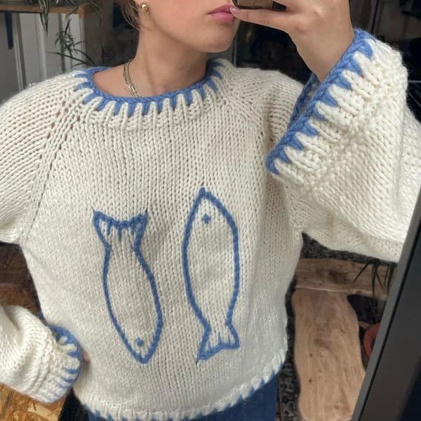 Fashion Women Knit Sweater Long Sleeve Crew Neck Fish Contrast Color Pullover Warm for Fall Winter Aesthetic Knitwear 251229