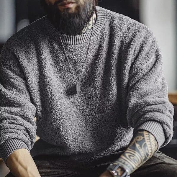 Mens Maden Retro Grey Round Neck Sweater Men FleeceLined Warm Versatile Pullover Autumn Winter Loose Fit Half Velvet 251229