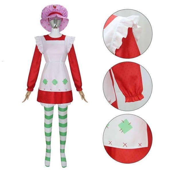 Vintage Strawberry Shortcake Costume Women 1980s Cartoon Halloween Cosplay Outfit Pink Baker Hat & Dress Set Takerlam