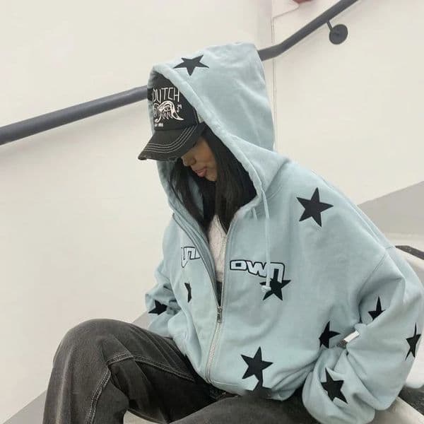 Vintage Sweatshirt Ladies Casual Star Print Y2k Zip Up Hoodie Ladies Hip Hop Loose Harajuku Punk Gothic Style Womens Top 251225
