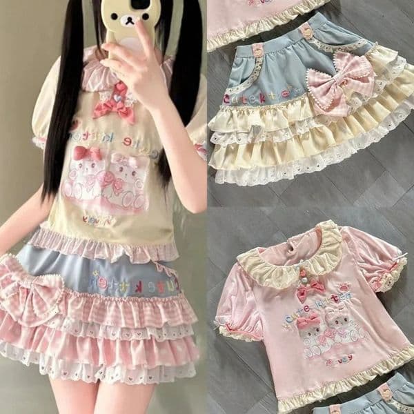 Lolita Print Tops Bow Cake Blouse Y2K JK Lolita Japan Kawaii Girl Cute Sweet Lace T-shirt A-line Spliced Cake Skirt Chic 251223