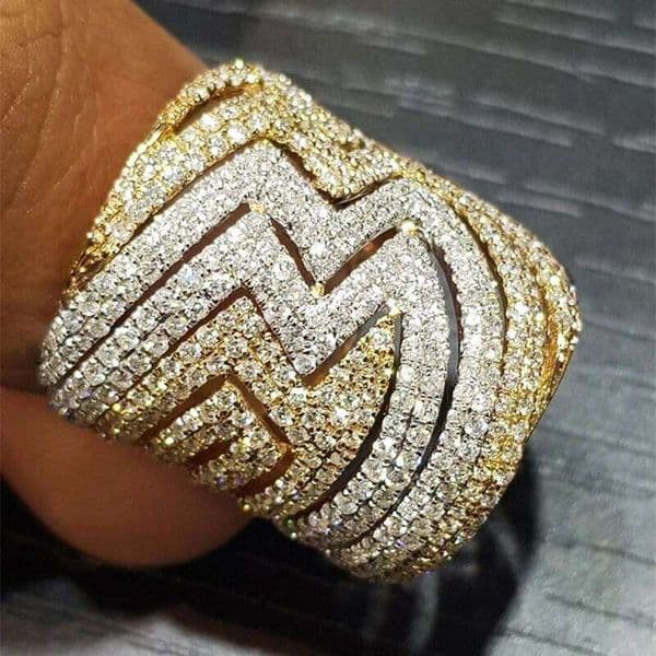 Huitan Hollow Geometric for Women Luxury Wide Band Two Tone Rings Full Paved Bling CZ Modern Fashion Party Jewelry