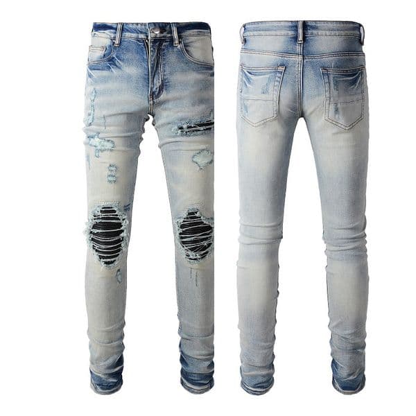 WOZK Retro Jeans Men's Trendy PU Leather Piercing Patch Slimming Men's Pants Fashion Pants designer work