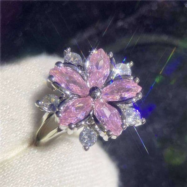 CC Pink Flower Rings For Women Silver Color Cubic Zirconia Luxury Princess Wedding Engagement Fine Jewelry Anel CC1688