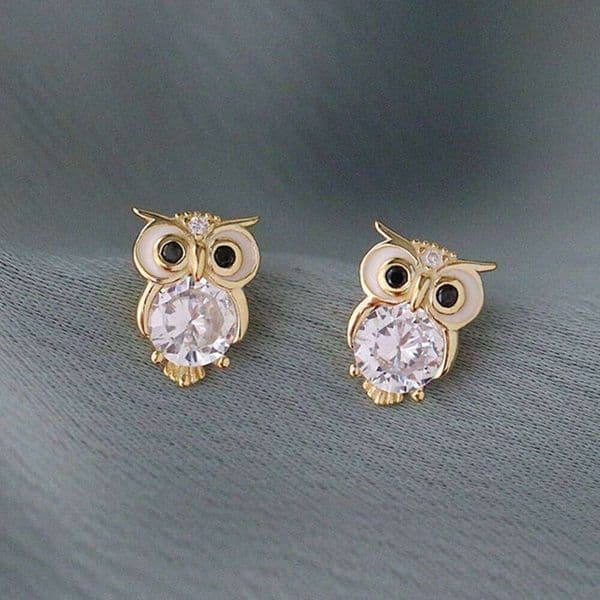 Huitan Gold Color Stud Funny Night Owl Earrings Women for Dance Party Cute Girl Gift Luxury CZ Ear Jewelry