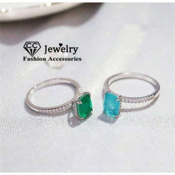 CC Created Topaz and Emerald Ring Sterling Blue/Green Crystal Gemstone Rings for Women Wedding Party Jewelry Accessories CC1660