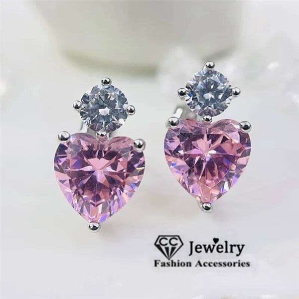 Silver Plated Stud Earrings For Women Pink Cubic Zirconia Love Heart Earring Fine Jewelry Bridal Wedding Ear Studs CCE683