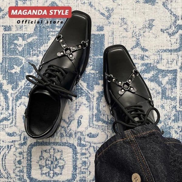 Dress Shoes Men's Formal Leather Pointed Niche Design Dark Style Oxford Strap Metal Decoration Business Casual Derby