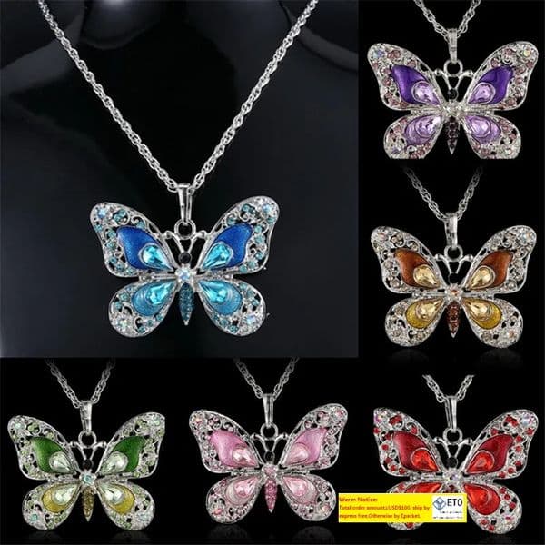 Butterfly Sweater Chain Necklace Crystal Rhinestone Necklace For Girls Fashion Women Necklaces Jewelry Animal Pendant Charm Necklace 6Colors 85 LL