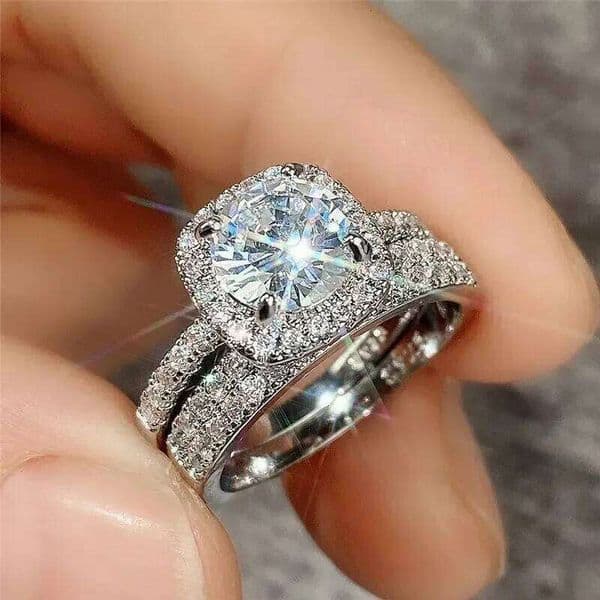 2 Pcs Shiny Square Stack Ring Set Inlaid Round Sparkly Zirconia Coupon Rings for Women Party Wedding Jewelry