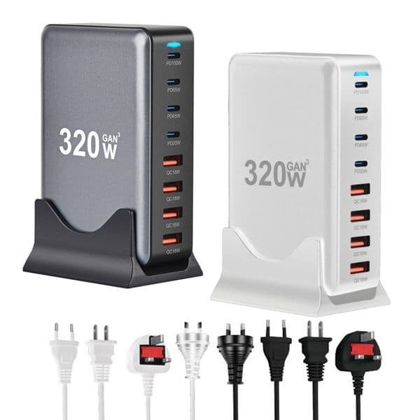 320W GaN III Charger USB C Fast Charger Desktop 8 Port Fast Charging Station Hub Block PD 100W Charger Adapter For Laptop/MacBook/ipad/iPhone 17 16 Samsung S25 S24 S23
