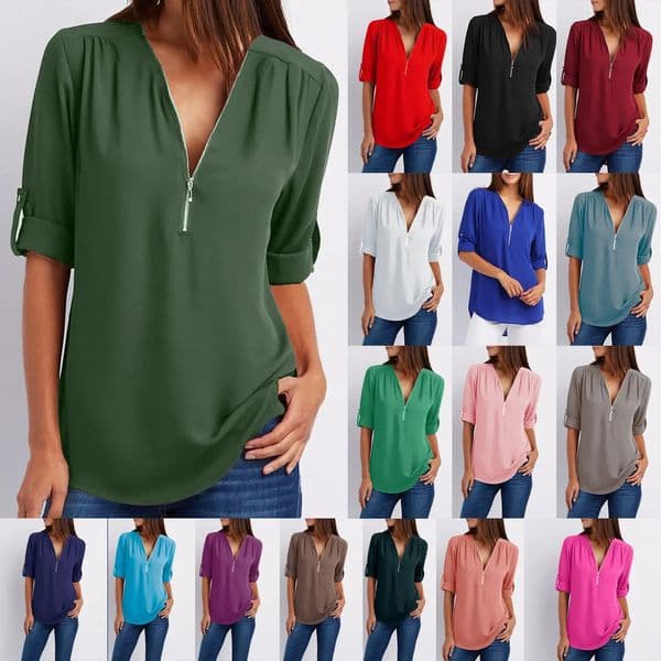 Summer Women Cool Loose Shirt Deep V Neck Chiffon Blouse Casual Ladies Tops Sexy Zipper Pullover Plus Size Long Sleeve Fashion 251223