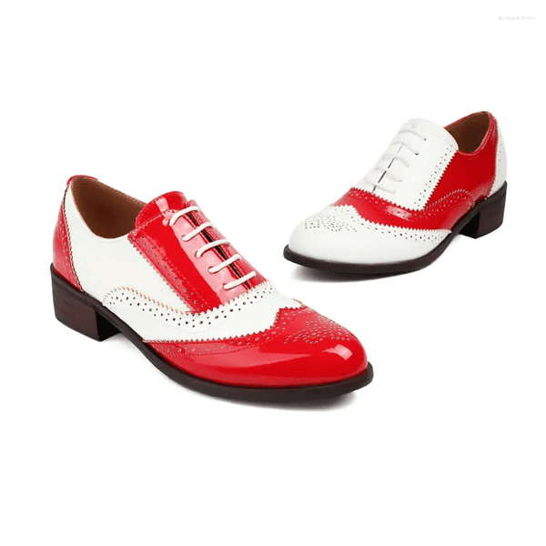 Dress Shoes Women Block Heel Wingtip Oxford Vintage Saddle Casual Brogue Ladies Handmade Lace Up Leather Patchwork Derby Pumps