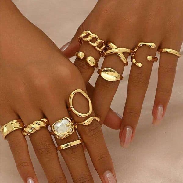 12 Pcs/Set Fashion Gold Color Irregular Geometric Open Rings For Women Men Punk Metal Adjustable Knuckle Joint Ring Jewelry Gift XJ251231