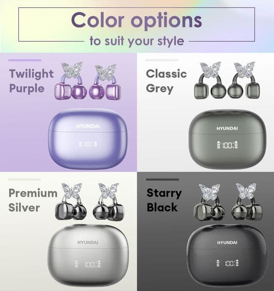 HYUNDAI Luxury design butterfly earrings Clipbuds7 LED Display Earphones Ear Clip Smart Bluetooth 5.4 Wireless Earbuds Dual-mic Noise Reduction Sports Headphones