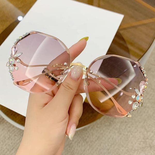Womens Diamond-encrusted Sunglasses Rimless Cut Edge Sunglasses Big Face Slimming Sunglasses 250627