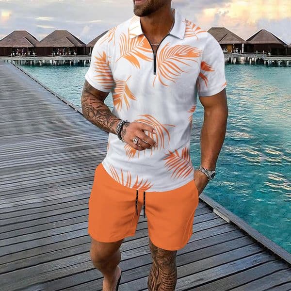 Fashion Zip Polo Shirts Mens Set Hawaiian Beach Vacation Short Sleeve Polo Shirt Shorts 2 Piece Outfit Street Casual Loose Suit 250624