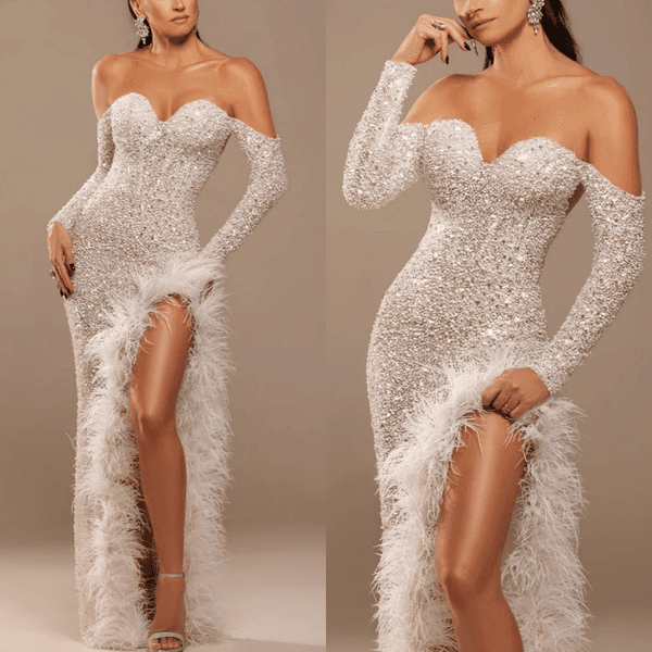 Sparkly Mermaid Wedding Dress Sweetheart Neck Long Sleeves Bridal Gowns Sequins Feather Split Side Sweep Train Dresses Custom Made vestidos de novia