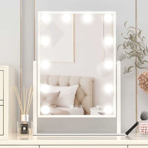 Tabletop Vanity Mirror with 12 LED Bulbs with 3 Color Lighting Modes Bedroom Bathroom Vanity Mirror Touch Controls Z250702